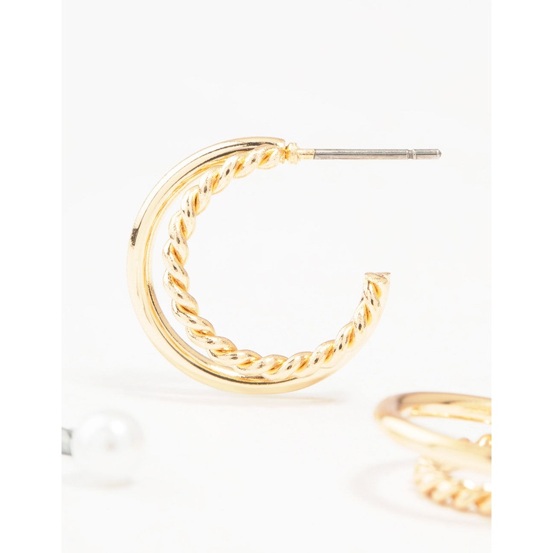 Gold Pearl Studs & Twisted Hoop Earrings 2-Pack