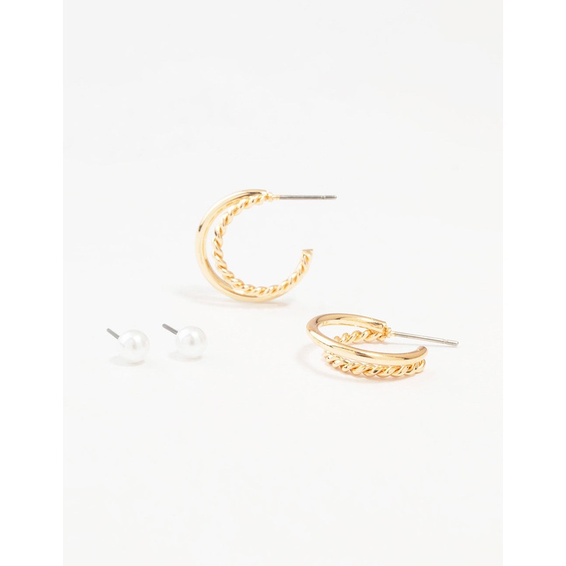 Gold Pearl Studs & Twisted Hoop Earrings 2-Pack