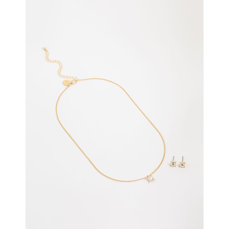 Gold Plated Diamante Square Necklace & Earrings Set