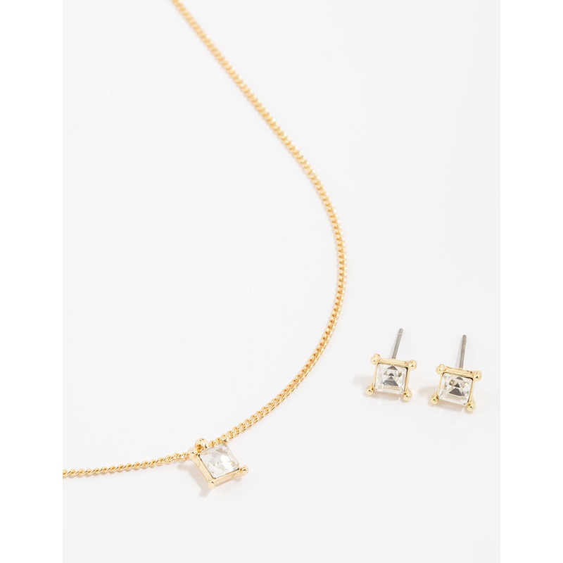 Gold Plated Diamante Square Necklace & Earrings Set