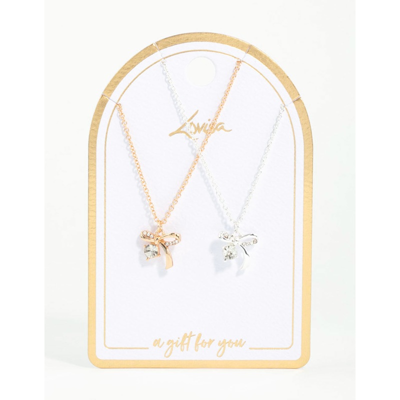 Mixed Metals Bow with Diamante Necklaces 2-Pack