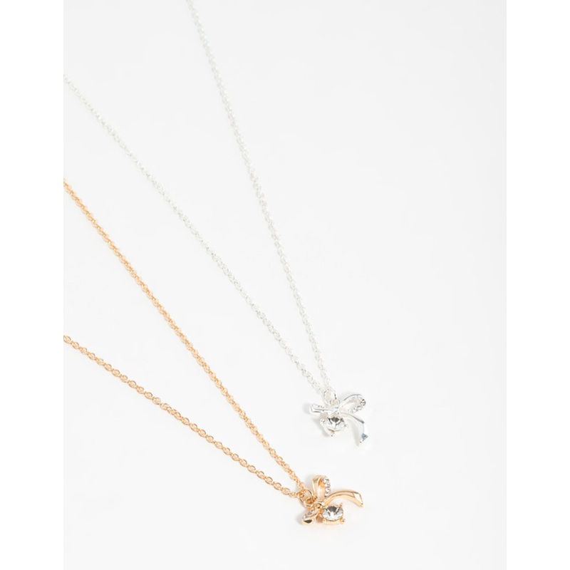 Mixed Metals Bow with Diamante Necklaces 2-Pack