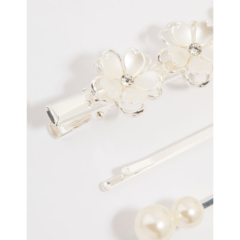 Silver Pearl Mixed Flower Clips 4-Pack