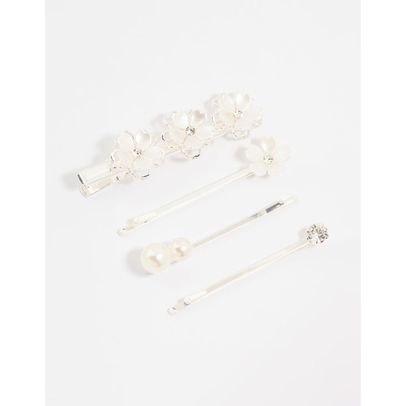 Silver Pearl Mixed Flower Clips 4-Pack