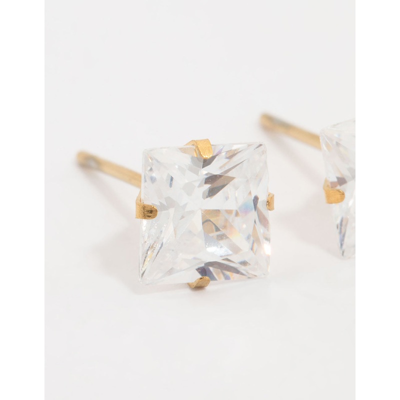 Waterproof Gold Plated Stainless Steel Princess Cut Cubic Zirconia Stud Earrings