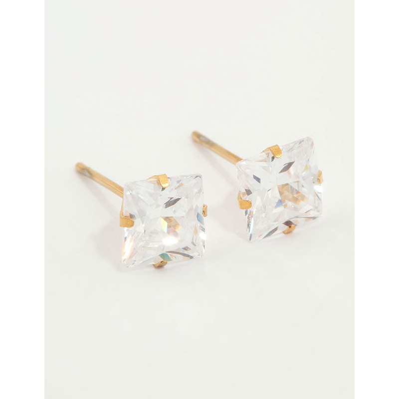 Waterproof Gold Plated Stainless Steel Princess Cut Cubic Zirconia Stud Earrings