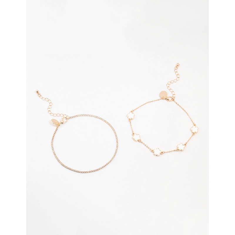 Gold Flower & Cup Chain Anklets 2-Pack