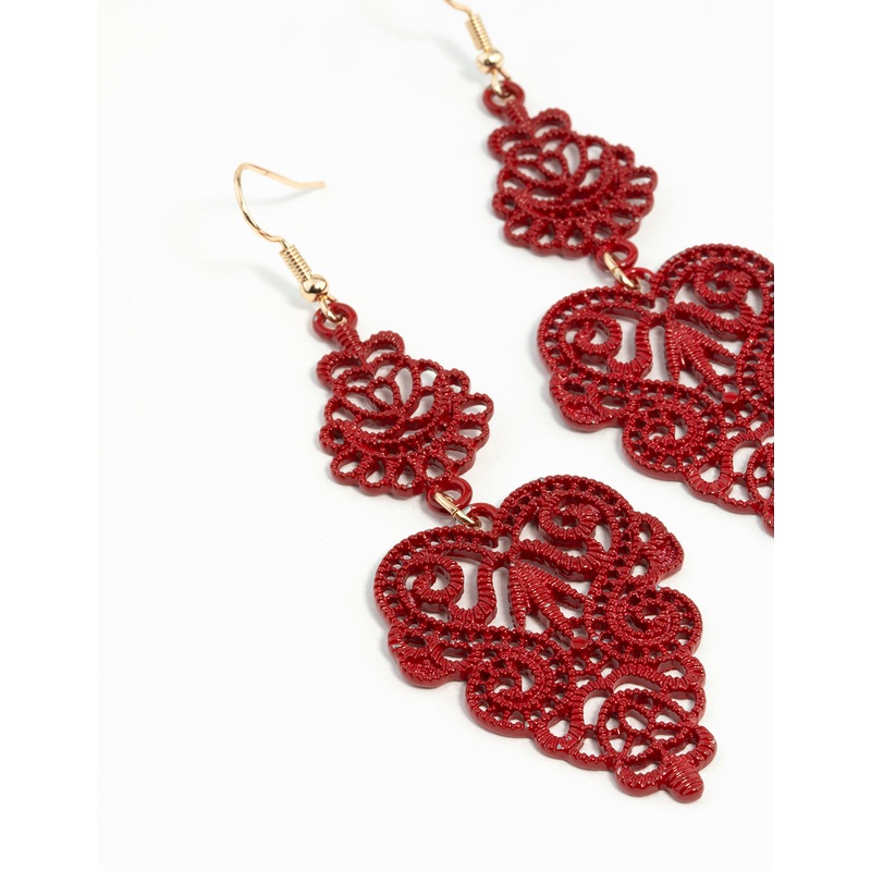 Red Filigree Leaf Earrings