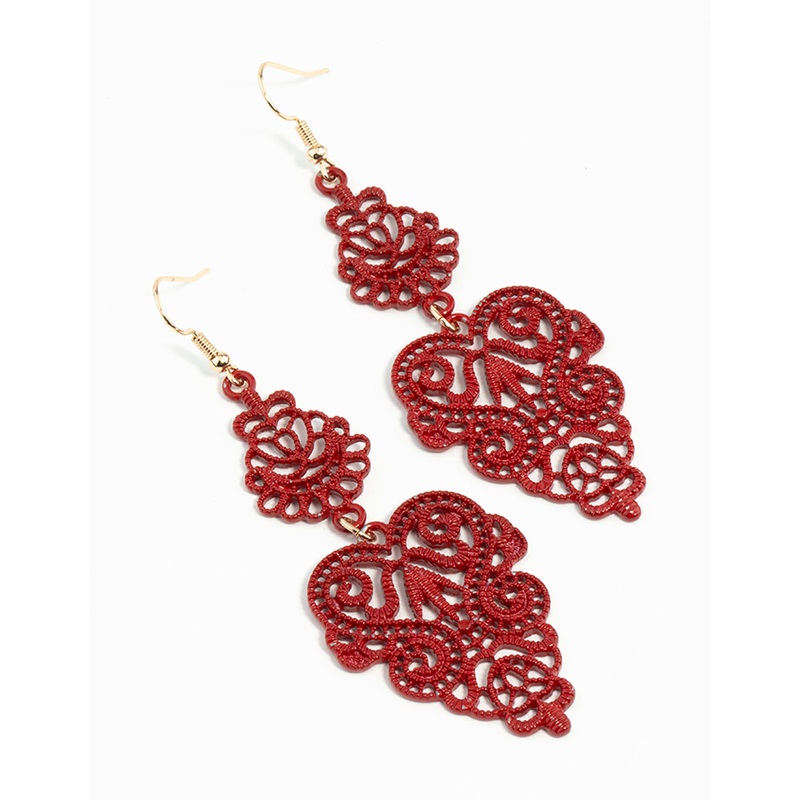 Red Filigree Leaf Earrings