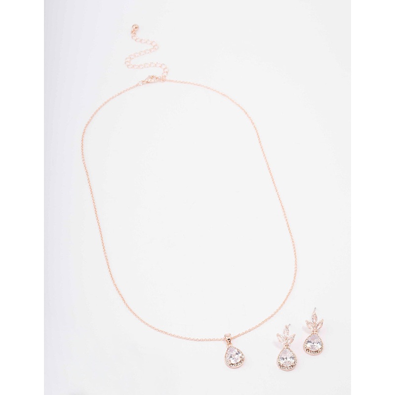 Rose Gold Leaf Pear Halo Necklace & Drop Earring Set
