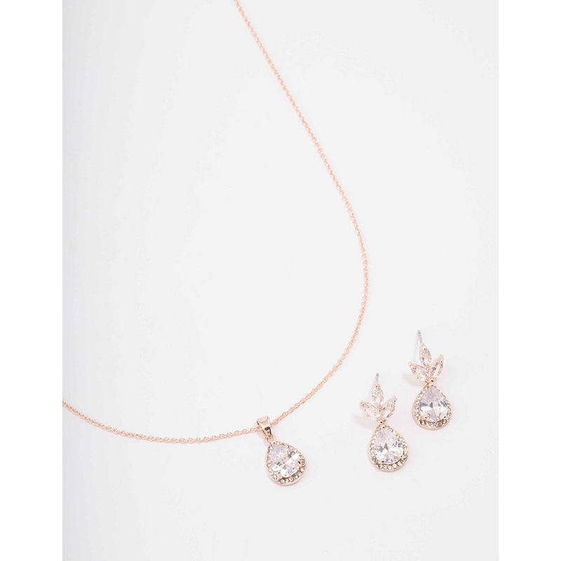 Rose Gold Leaf Pear Halo Necklace & Drop Earring Set
