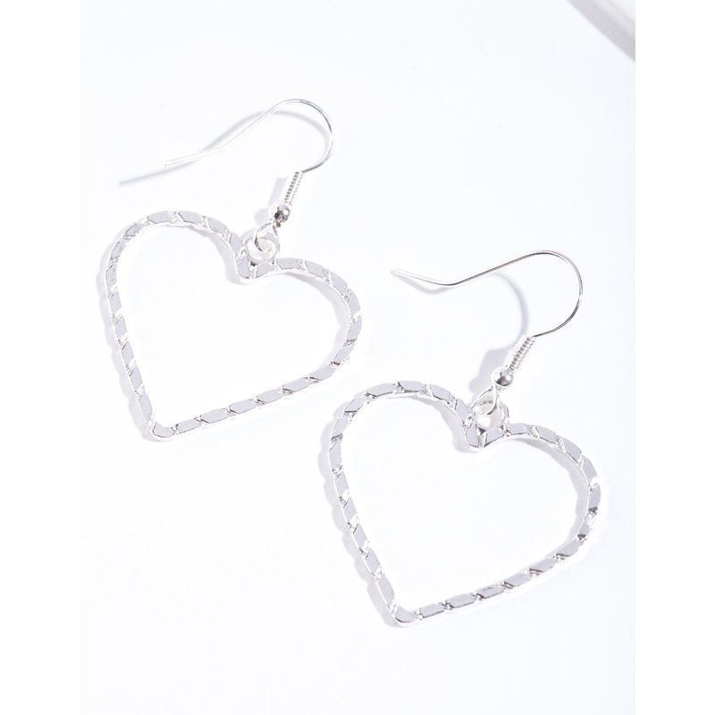 Silver Textured Heart Cut Out Drop Earring