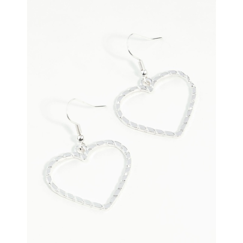 Silver Textured Heart Cut Out Drop Earring