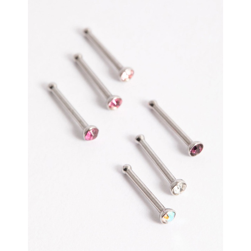 Surgical Steel Multi Cubic Zirconia Clear Nose Stud 6-Pack