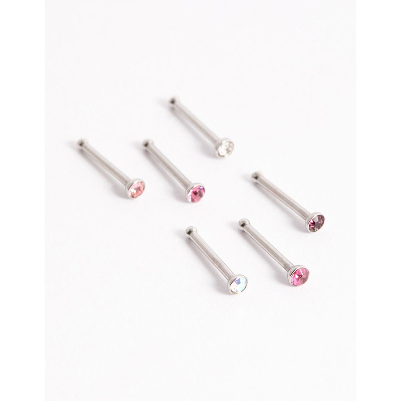 Surgical Steel Multi Cubic Zirconia Clear Nose Stud 6-Pack