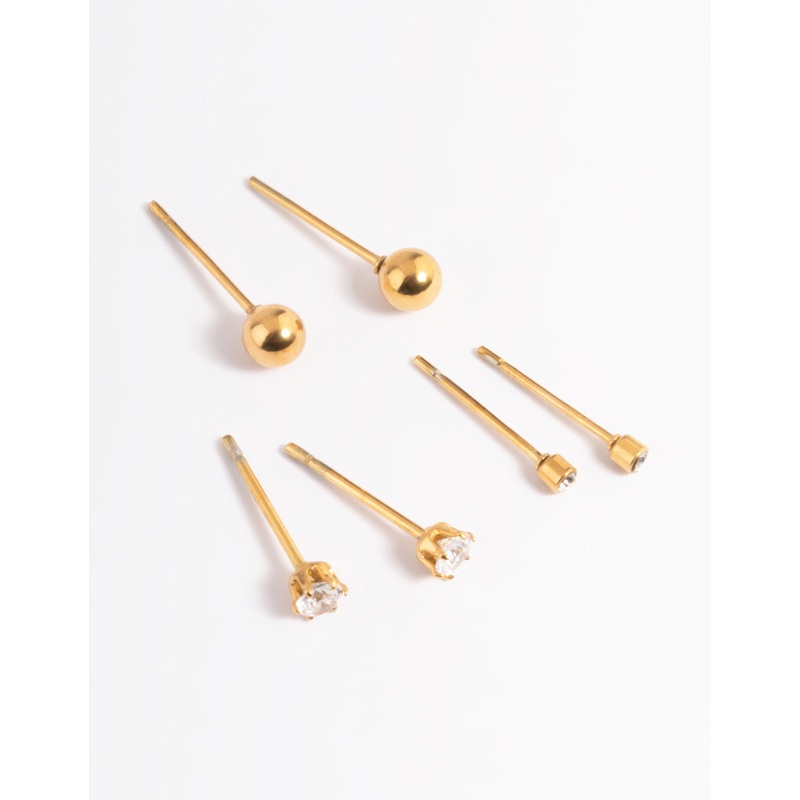 Waterproof Gold Plated Stainless Steel Cubic Zirconia Plain Stud Earrings Pack