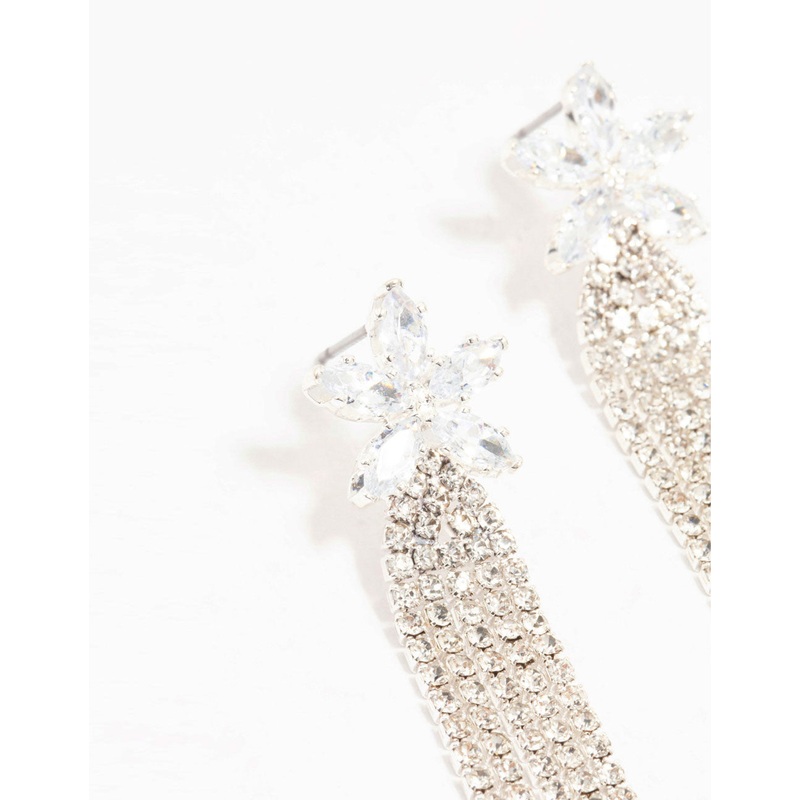 Diamante Floral Cup Chain Drop Silver Earrings