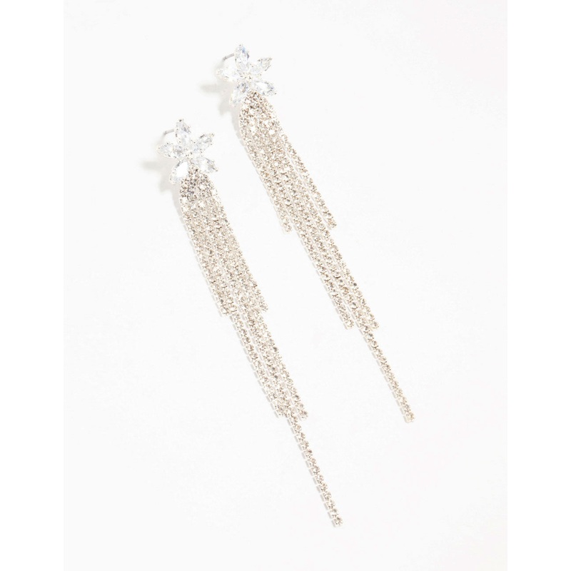 Diamante Floral Cup Chain Drop Silver Earrings