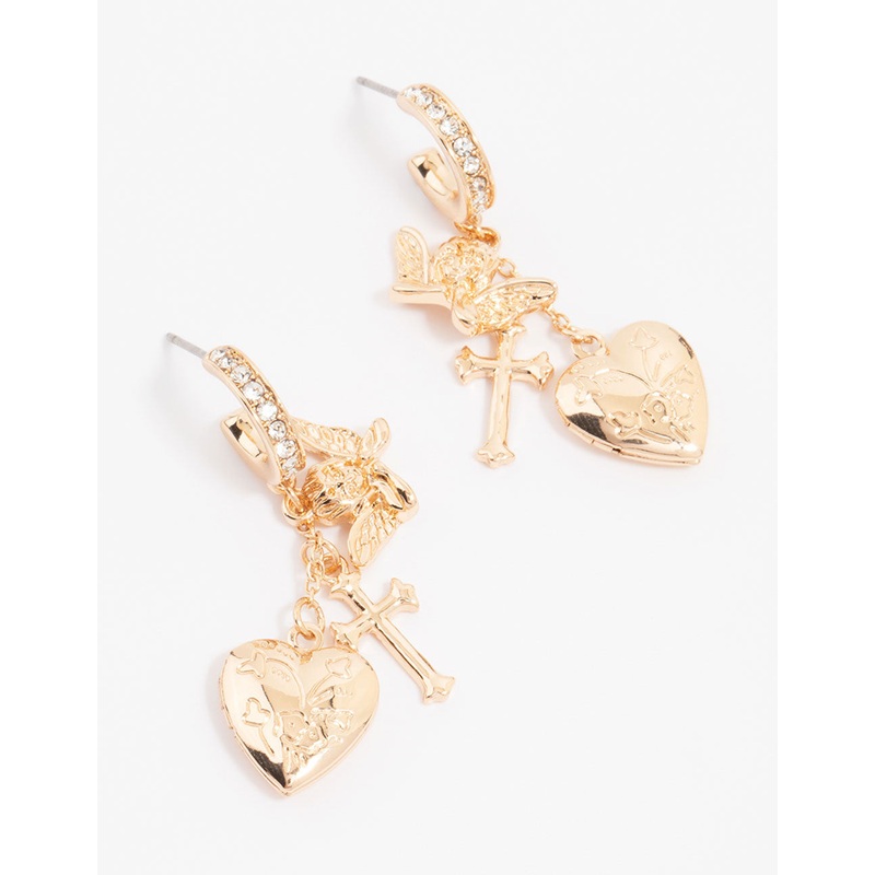 Gold Cherub Heart Cross Huggie Earrings