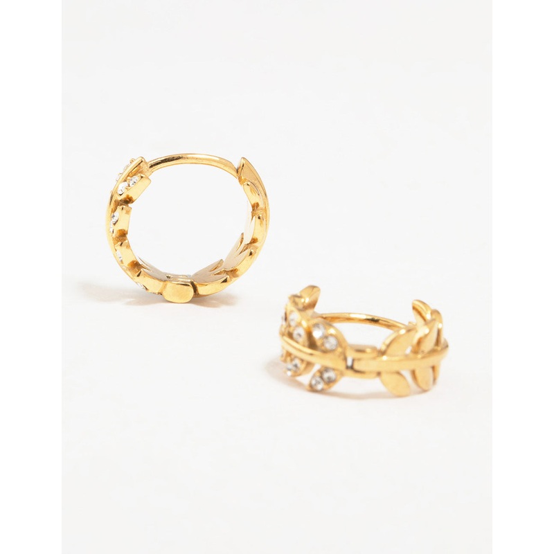 Gold Plated Surgical Steel Diamante Leaf Huggie Earrings