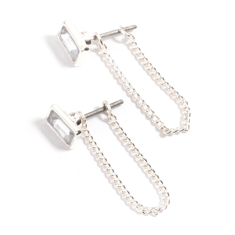 Silver Emerald Chain Jacket Earrings