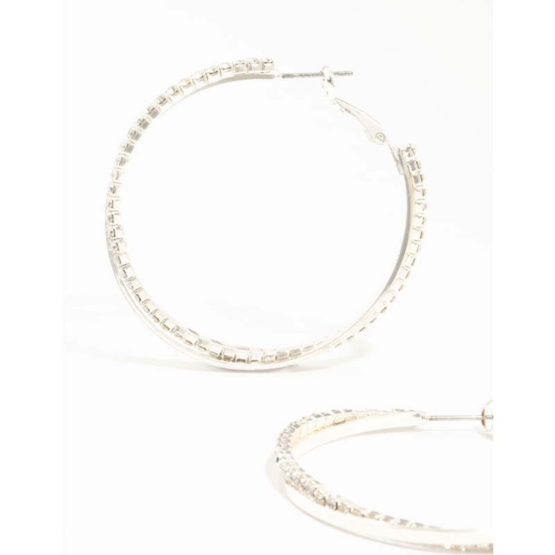 Silver Smooth Cup Chain Diamante Hoop Earrings
