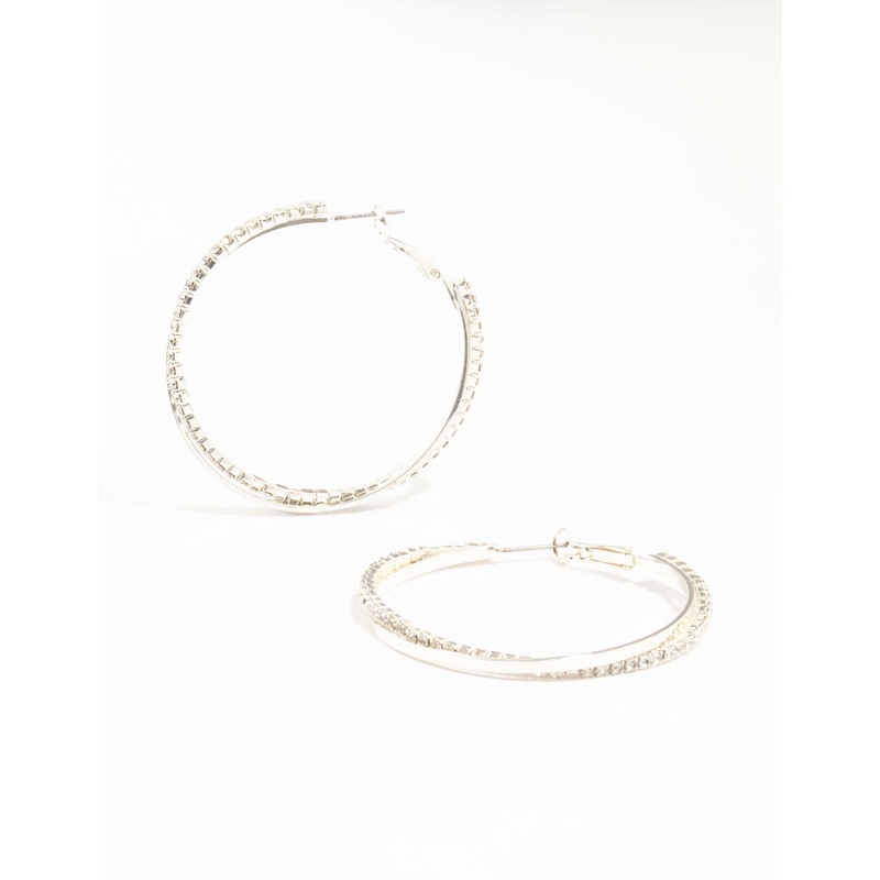 Silver Smooth Cup Chain Diamante Hoop Earrings