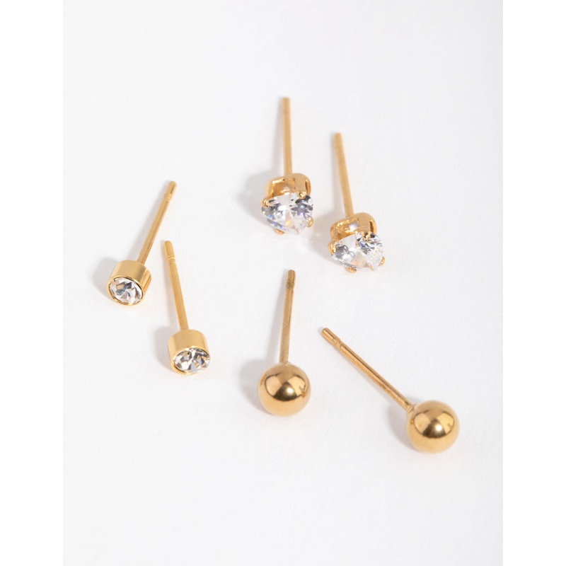 24 Carat Gold Plated Surgical Steel Love Stud Earrings 3-Pack