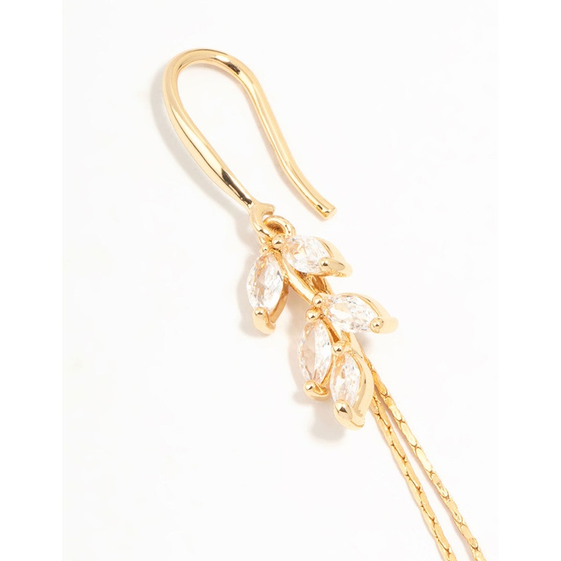 Gold Cubic Zirconia Leaf & Pearl Drop Earrings