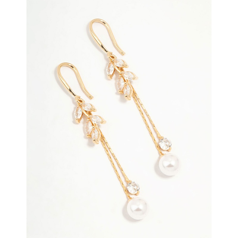 Gold Cubic Zirconia Leaf & Pearl Drop Earrings