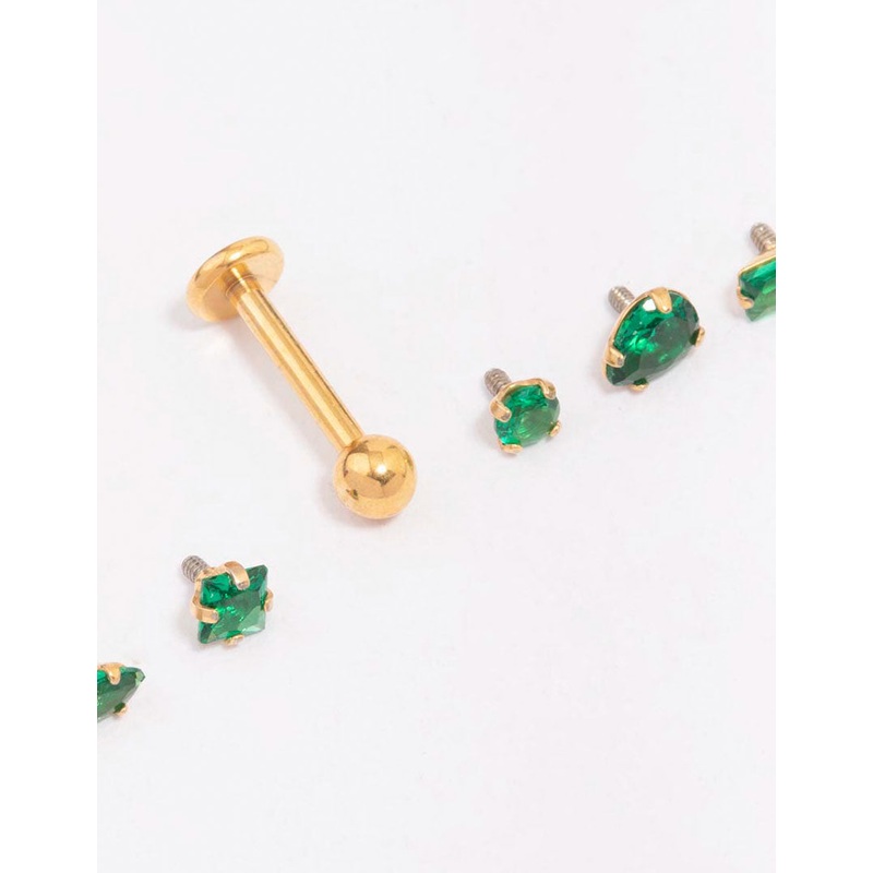 Gold Plated Surgical Steel Emerald Stone Flat Back 6-Pack