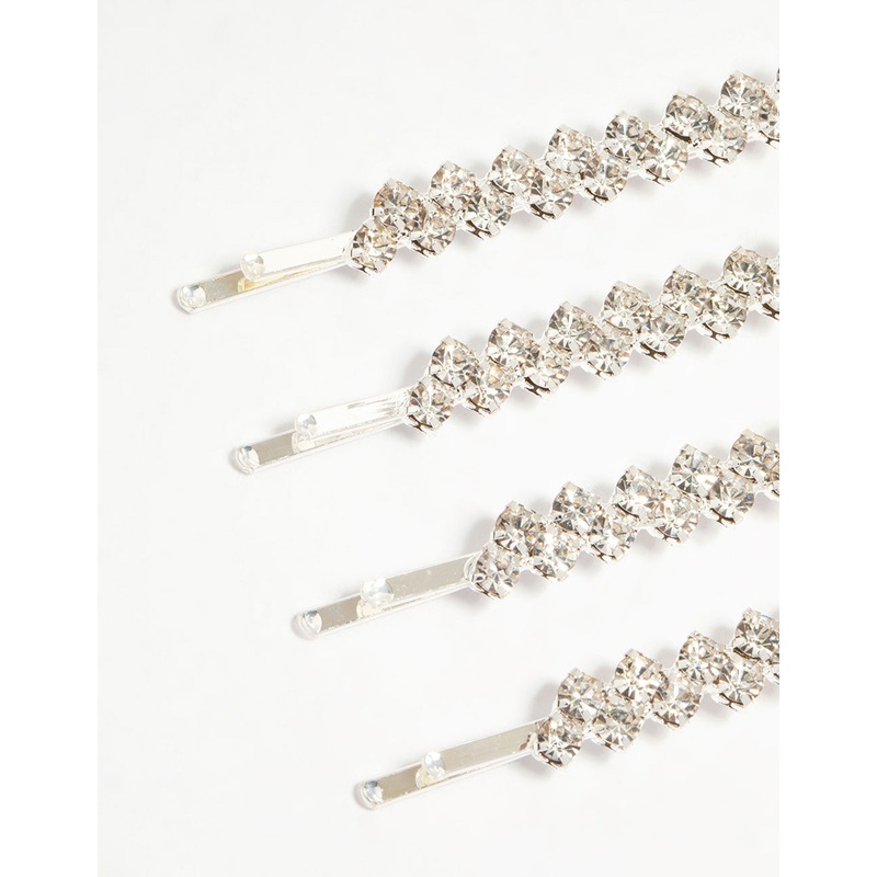 Silver Diamante Dressy Hair Slides 4-Pack
