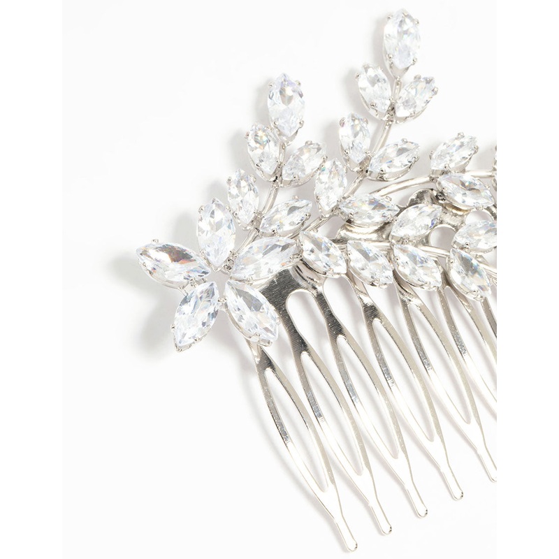 Silver Diamante Flower & Leaf Hair Comb