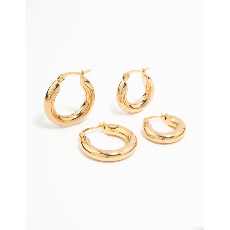 Waterproof Gold Plated Stainless Steel Tube Hoop Earrings 2 Pack
