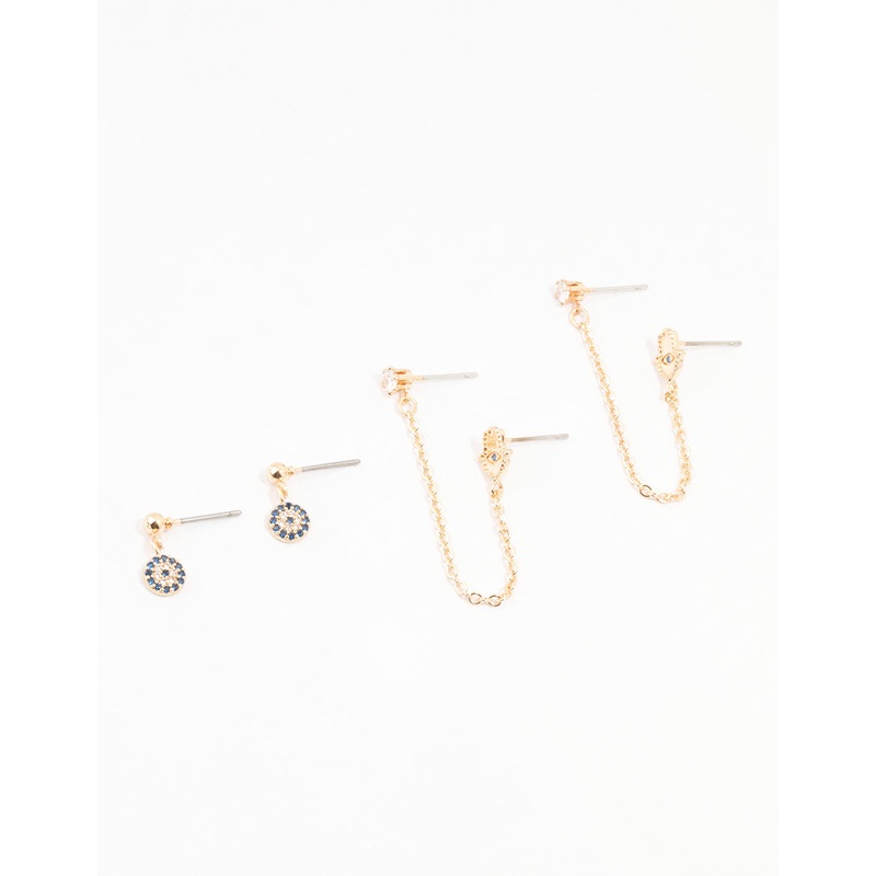 Gold Evil Eye & Hamsa Hand Chain Earrings 3-Pack