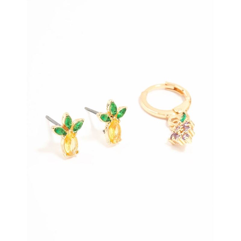 Gold Mixed Fruit Studs & Huggie Earrings 3-Pack
