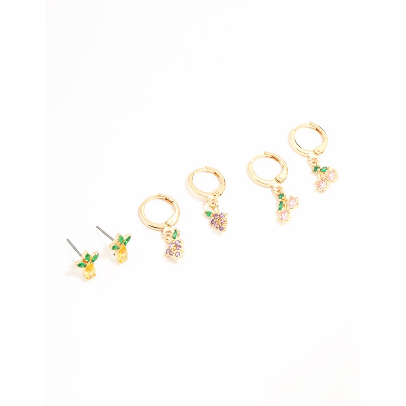 Gold Mixed Fruit Studs & Huggie Earrings 3-Pack