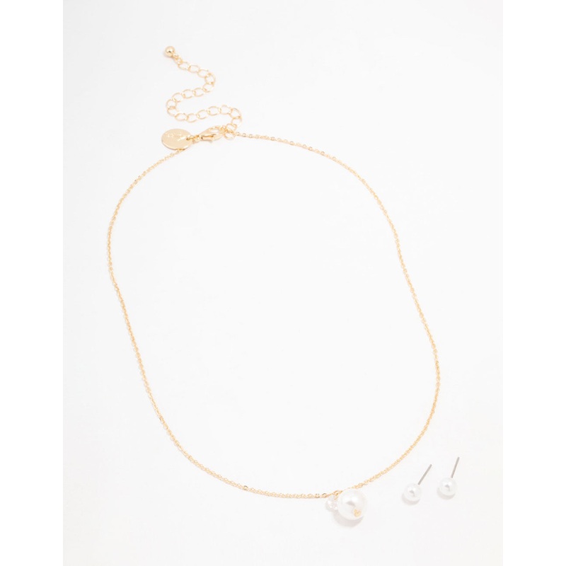 Gold Pearl Diamante Necklace & Stud Earrings Set