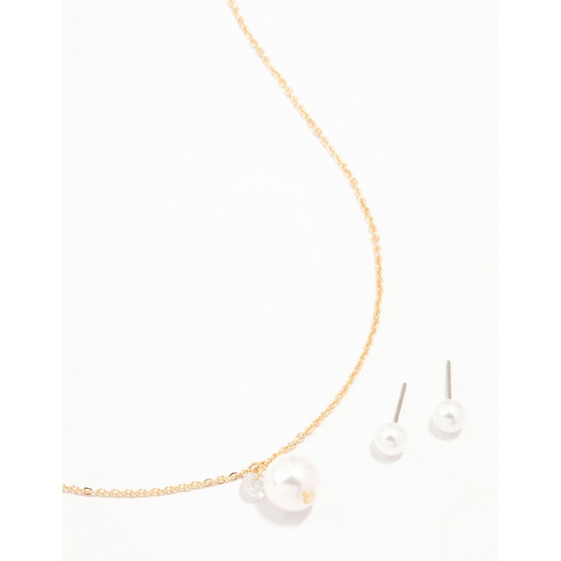 Gold Pearl Diamante Necklace & Stud Earrings Set