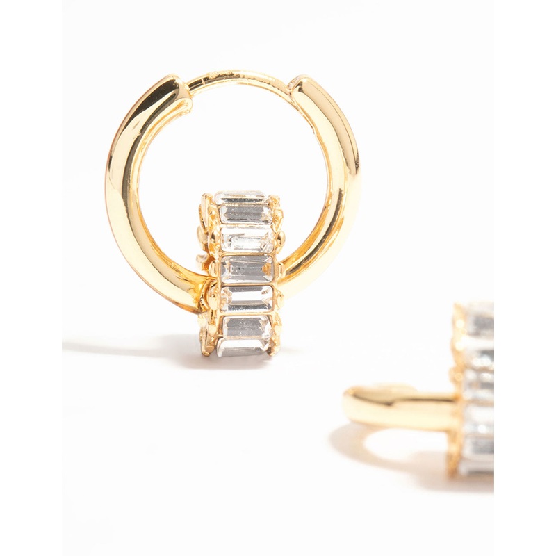 Gold Plated Baguette Cut Diamante Ring Huggie Earrings