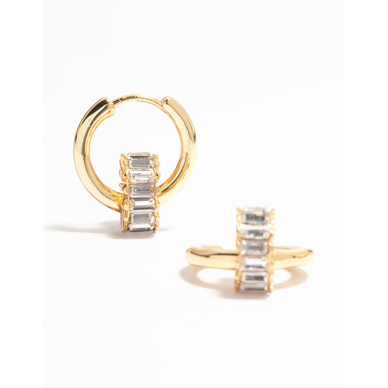 Gold Plated Baguette Cut Diamante Ring Huggie Earrings