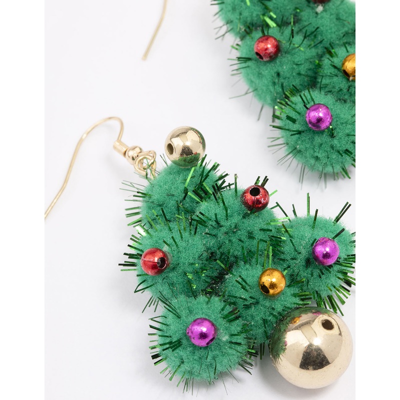 Green Pom Pom Tree Drop Earrings