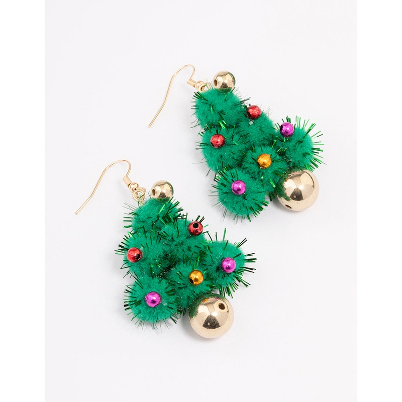 Green Pom Pom Tree Drop Earrings