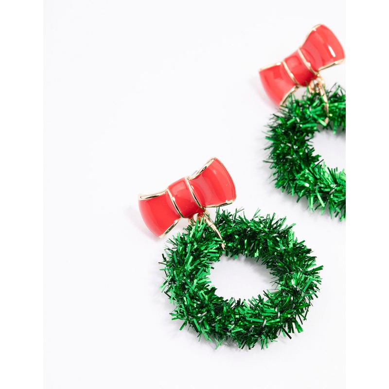 Green Tinsel Wreath Drop Earrings