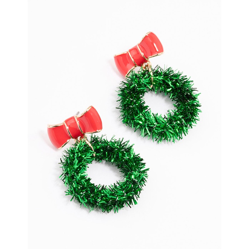 Green Tinsel Wreath Drop Earrings