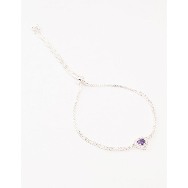 Silver Pave Purple Cubic Zirconia Halo Heart Toggle Bracelet