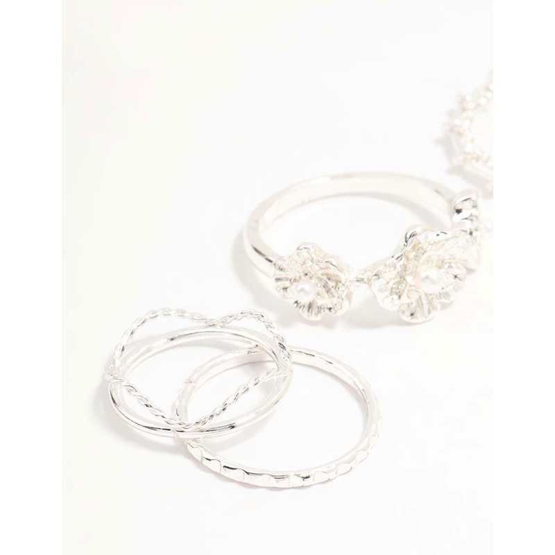 Silver Twisted, Sleek & Diamante Flower Style Rings 6-Pack