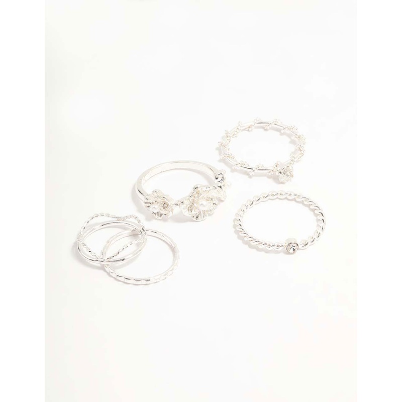 Silver Twisted, Sleek & Diamante Flower Style Rings 6-Pack