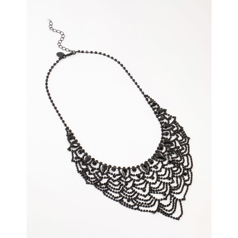 Black Coated Diamante Lace Pattern Necklace