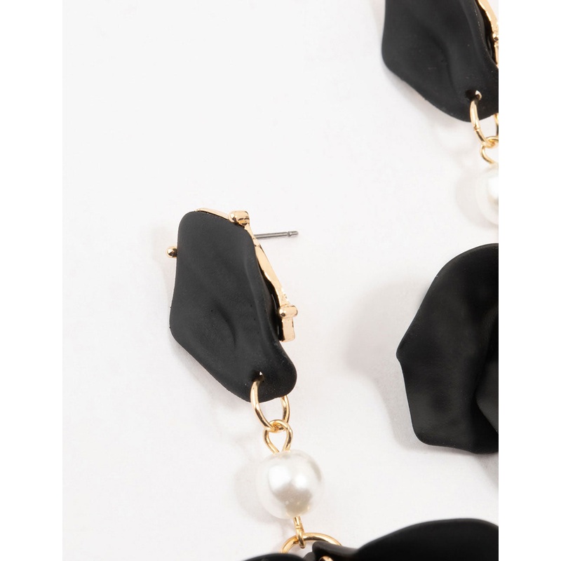 Black Coated Pearl Floral Drop Earrings